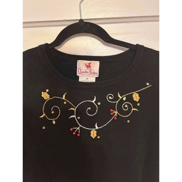 Quacker Factory Midnight Mistletoe Top Black Gold Embroidered Holiday Sweater XS - Picture 4 of 5